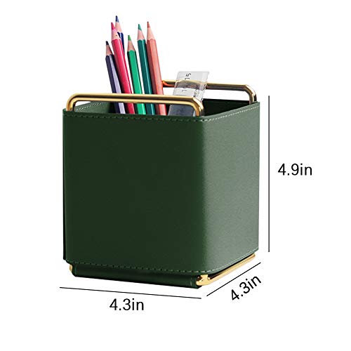 Kelendle Leather Pencil Holder Desktop Organizer Iron Art Desktop Makeup Brush Remote Control Storage Box Office Pen Holder for Desk Green - Image 5