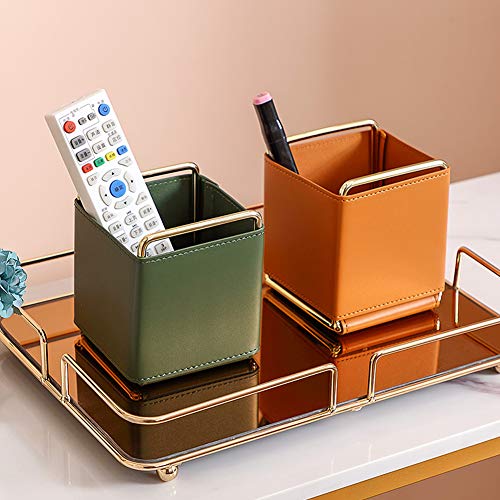 Kelendle Leather Pencil Holder Desktop Organizer Iron Art Desktop Makeup Brush Remote Control Storage Box Office Pen Holder for Desk Green - Image 3