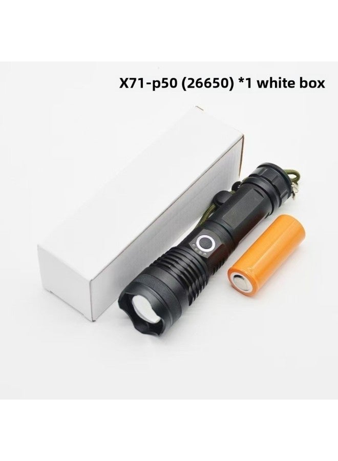 Telescopic Flashlight P50 Aluminum Alloy Flashlight Power Display USB Charging Zoom Flashlight-Color:White Box: X71+1*26650 Battery  - Image 1