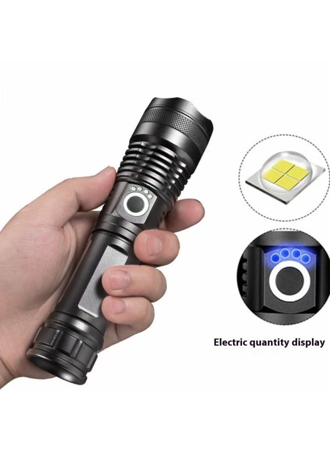 Telescopic Flashlight P50 Aluminum Alloy Flashlight Power Display USB Charging Zoom Flashlight-Color:White Box: X71+1*26650 Battery  - Image 5