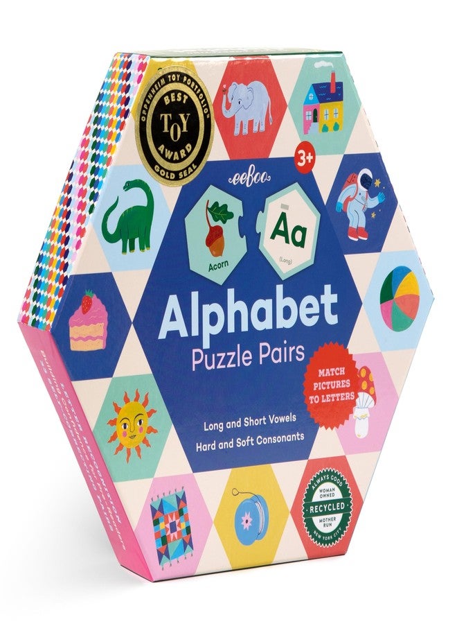 eeBoo Hexagon Puzzle Pairs - Alphabet, 33 Self-Correcting Pairs, Match Pictures to Letters, Pre-Reading Activity for Preschool Kids Ages 3 and up - Image 1