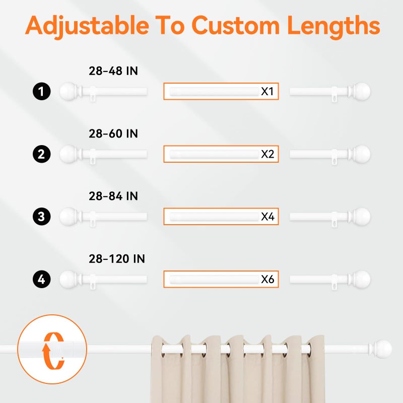 Poskena Curtain Rod Set for Windows 28 to 60 Inch - 5/8â€ White Heavy Duty - Decorative Window Curtains Rod with Brackets for Kitchen, Bathroom, Sliding Cafe Curtain Rods Door(2.4-5 Feet) - Image 5