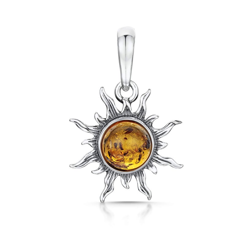 Amberta 925 Sterling Silver with Genuine Baltic Amber - Sun Pendant for Women - Honey Stone Color - Image 1
