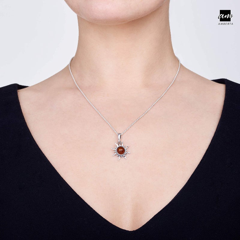 Amberta 925 Sterling Silver with Genuine Baltic Amber - Sun Pendant for Women - Honey Stone Color - Image 4