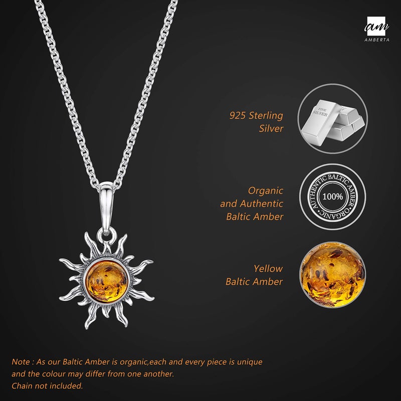 Amberta 925 Sterling Silver with Genuine Baltic Amber - Sun Pendant for Women - Honey Stone Color - Image 3