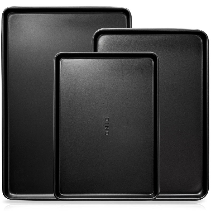 BINO BINO Bakeware Nonstick Cookie Sheet Baking Tray Set 3Piece  Black  Non Stick Baking Pans Set  Carbon Steel Tray Bakeware Sets  Oven Safe  Cookie Sheet Pans  FoodSafe