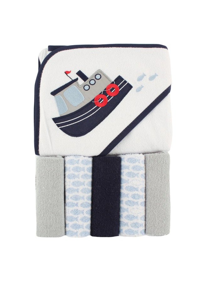 Luvable Friends Unisex Baby Hooded Towel with Five Washcloths, Tugboat, One Size - Image 1
