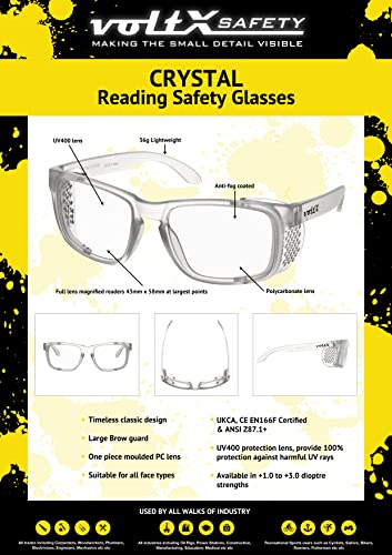 voltX 'Crystal' Full Lens Magnified Reading Safety Glasses, ANSI Z87.1+ & CE EN166F, (+1.0 Dioptre, Clear Lens) - Anti Fog Coated UV400 Lens - Image 2