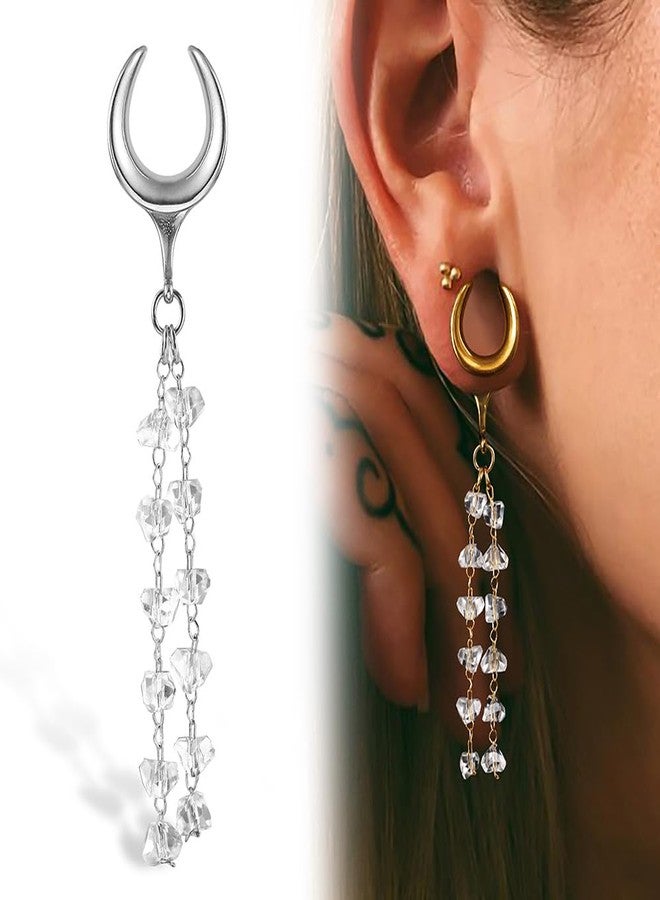 Earblity 1 Pair saddle gauges crystals chain Dangle earrings 9/16'' (14mm) Ear Tunnels Plugs 316 Stainless Steel Gold Ear Weight Plugs Hypoallergenic expander Piercing Body Jewelry - Image 2