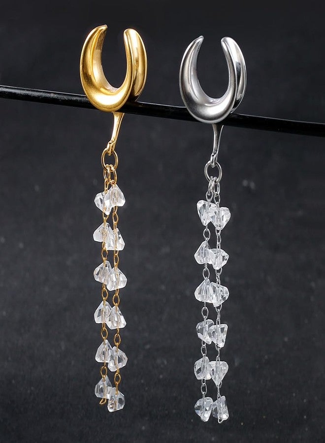 Earblity 1 Pair saddle gauges crystals chain Dangle earrings 9/16'' (14mm) Ear Tunnels Plugs 316 Stainless Steel Gold Ear Weight Plugs Hypoallergenic expander Piercing Body Jewelry - Image 4