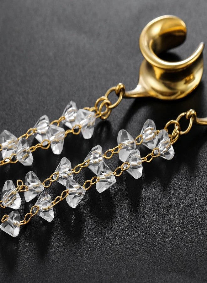 Earblity 1 Pair saddle gauges crystals chain Dangle earrings 9/16'' (14mm) Ear Tunnels Plugs 316 Stainless Steel Gold Ear Weight Plugs Hypoallergenic expander Piercing Body Jewelry - Image 5