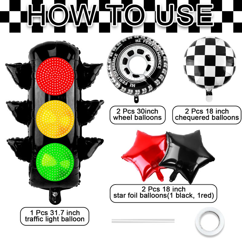 Lukinuo Race Car Party Balloon Set 7pcs Traffic Light, Checkered Balloons, Tire Wheel Balloons Tyre Racing Balloon Race Car Birthday Party Decorations - Image 2