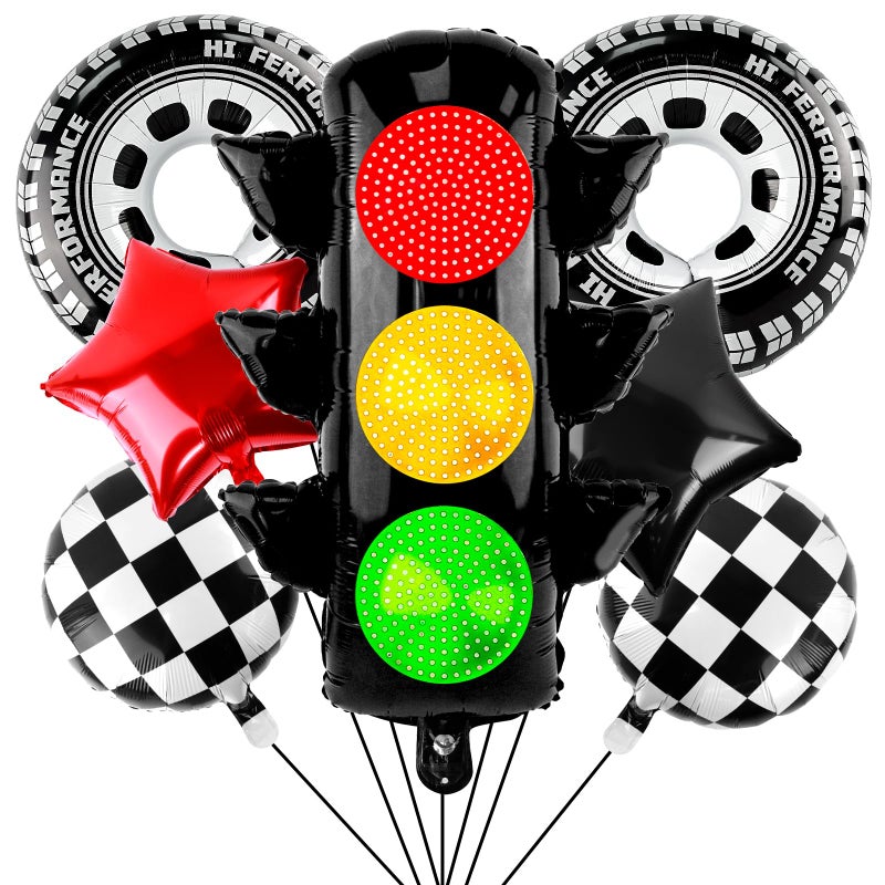 Lukinuo Race Car Party Balloon Set 7pcs Traffic Light, Checkered Balloons, Tire Wheel Balloons Tyre Racing Balloon Race Car Birthday Party Decorations - Image 1