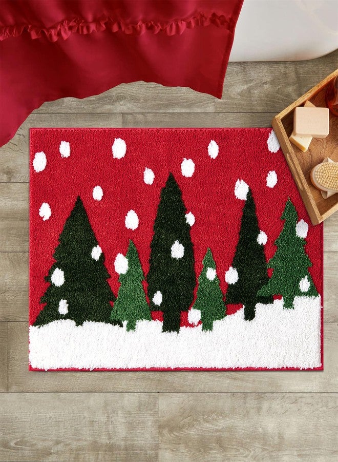 RoomTalks Cute Christmas Tree Bath Mat Non Slip Washable, 20x32 Vintage Country Festive Red Winter Snowflake Woodland Pine Tree Xmas Snow Bath Rugs Mat for Bathroom Christmas - Image 1