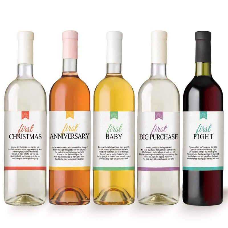 Printed Party ملصقات زجاجات النبيذ لمناسبات الزواج مجموعة من 5 ملصقات زجاجات نبيذ مقاومة للماء هدية زفاف مناسبات الزواج أولى الزفاف