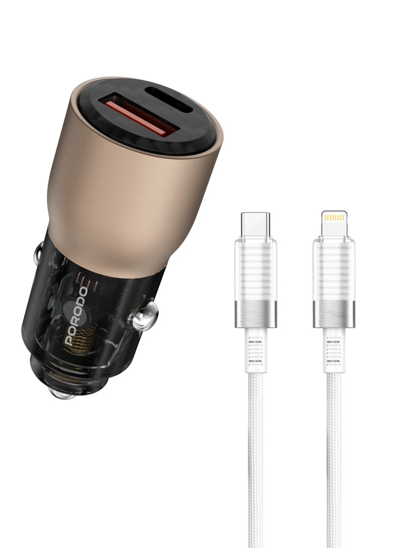 porodo - 95W Car Charger Transparent Multi-Device PD Charging with 0.9m USB-C to Lightning Cable / Simultaneous Fast Charging / Universal Compatibility / Efficient Charging for Road Trips and Travel - Desert Titanium - Image 1