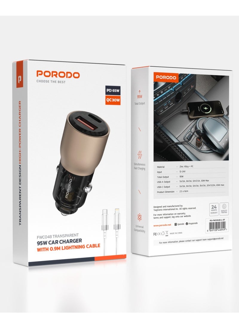 porodo - 95W Car Charger Transparent Multi-Device PD Charging with 0.9m USB-C to Lightning Cable / Simultaneous Fast Charging / Universal Compatibility / Efficient Charging for Road Trips and Travel - Desert Titanium - Image 1