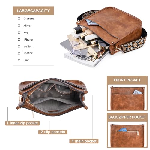 HKCLUF Crossbody Bags for Women Trendy Vegan Leather Hobo Handbags With 2PCS Adjustable Guitar Strap Shoulder Bucket Purse For Women(Brown) - Image 4