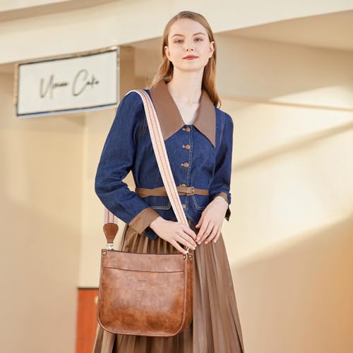 HKCLUF Crossbody Bags for Women Trendy Vegan Leather Hobo Handbags With 2PCS Adjustable Guitar Strap Shoulder Bucket Purse For Women(Brown) - Image 2