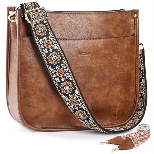 HKCLUF Crossbody Bags for Women Trendy Vegan Leather Hobo Handbags With 2PCS Adjustable Guitar Strap Shoulder Bucket Purse For Women(Brown) - Image 1