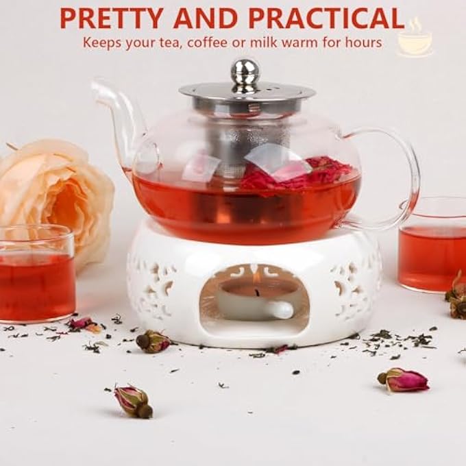 كاست ويف سخان إبريق الشاي السيراميكي مع حامل شمع الشاي، سخان إبريق الشاي الخزفي للحفاظ على سخونة الشاي والقهوة والحليب، سخان شمع الشاي الرومانسي على سطح الطاولة للمنزل والمكتب باللون الأبيض - Image 2