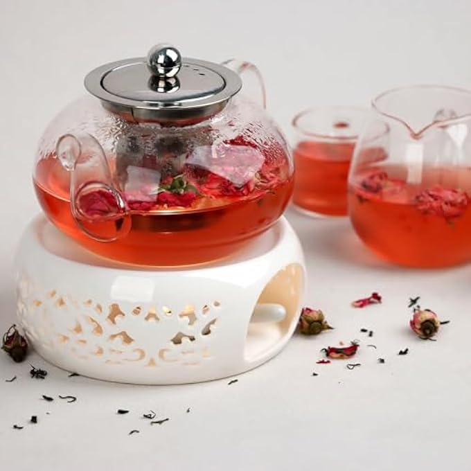 كاست ويف سخان إبريق الشاي السيراميكي مع حامل شمع الشاي، سخان إبريق الشاي الخزفي للحفاظ على سخونة الشاي والقهوة والحليب، سخان شمع الشاي الرومانسي على سطح الطاولة للمنزل والمكتب باللون الأبيض - Image 3