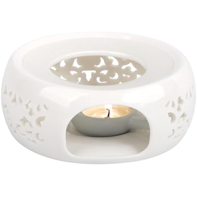 كاست ويف سخان إبريق الشاي السيراميكي مع حامل شمع الشاي، سخان إبريق الشاي الخزفي للحفاظ على سخونة الشاي والقهوة والحليب، سخان شمع الشاي الرومانسي على سطح الطاولة للمنزل والمكتب باللون الأبيض - Image 1