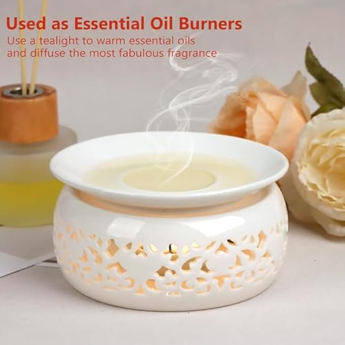 كاست ويف سخان إبريق الشاي السيراميكي مع حامل شمع الشاي، سخان إبريق الشاي الخزفي للحفاظ على سخونة الشاي والقهوة والحليب، سخان شمع الشاي الرومانسي على سطح الطاولة للمنزل والمكتب باللون الأبيض - Image 5