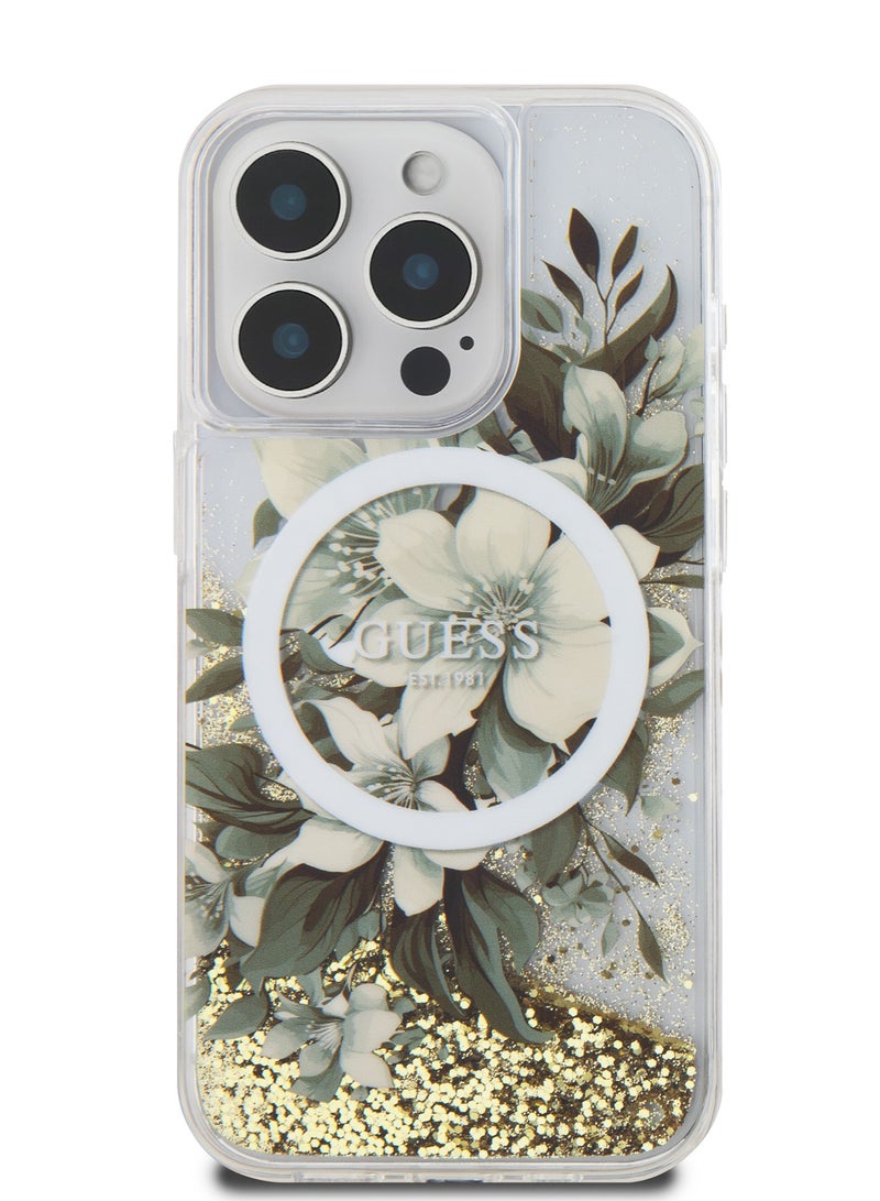 GUESS iPhone 16 Pro Max Magsafe Case Liquid Glitter Hard Cover with Flower Design / Drop protection / Easy Snap-On / Comfortable Grip-Beige - Image 1