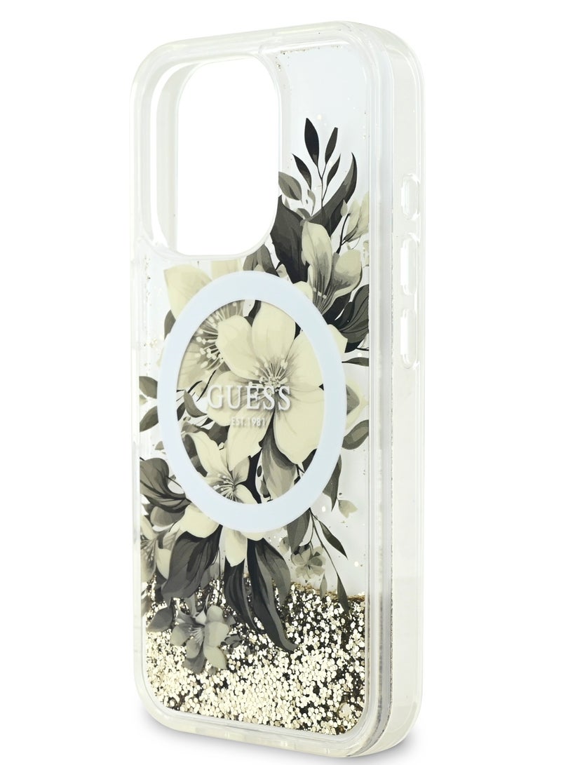 GUESS iPhone 16 Pro Max Magsafe Case Liquid Glitter Hard Cover with Flower Design / Drop protection / Easy Snap-On / Comfortable Grip-Beige - Image 2