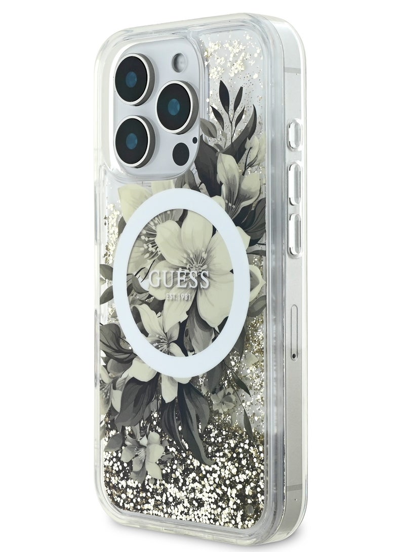 GUESS iPhone 16 Pro Max Magsafe Case Liquid Glitter Hard Cover with Flower Design / Drop protection / Easy Snap-On / Comfortable Grip-Beige - Image 5