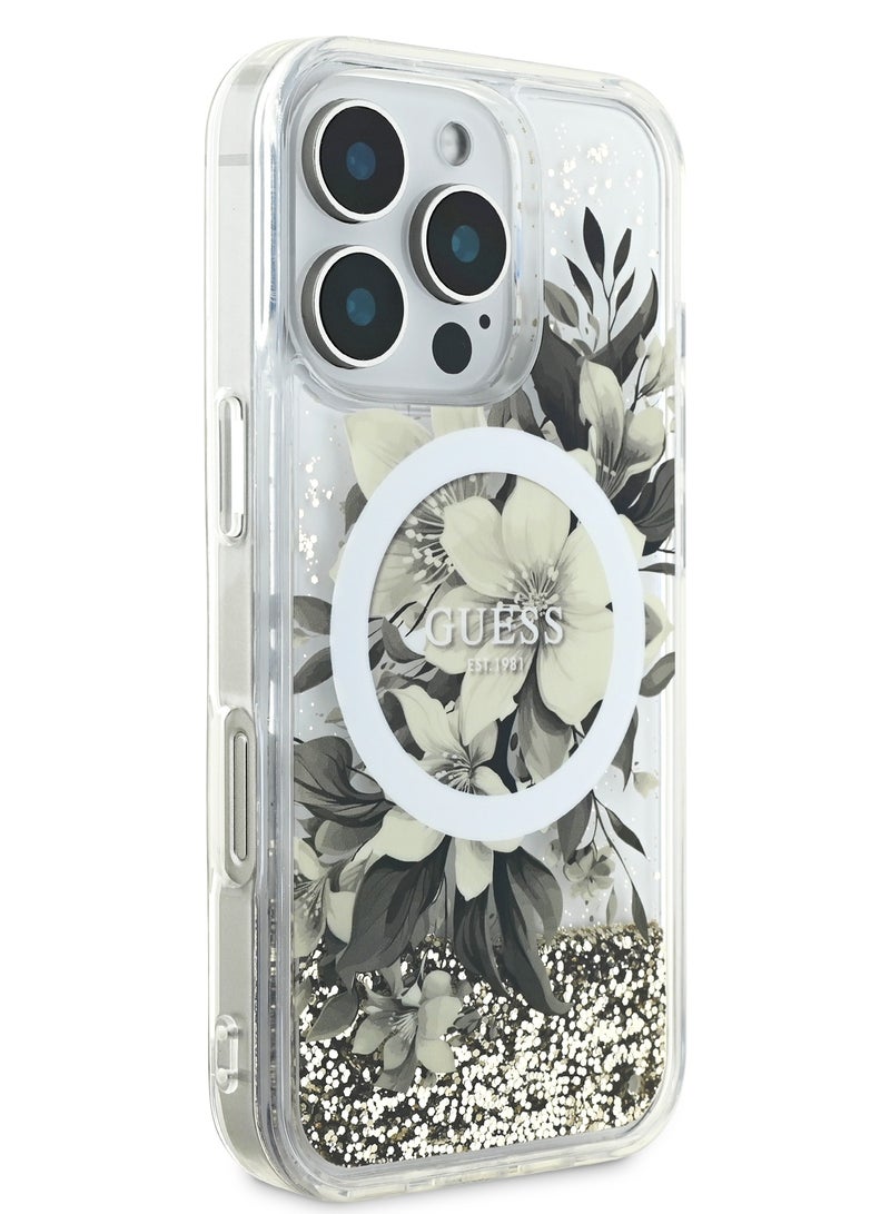 GUESS iPhone 16 Pro Max Magsafe Case Liquid Glitter Hard Cover with Flower Design / Drop protection / Easy Snap-On / Comfortable Grip-Beige - Image 3