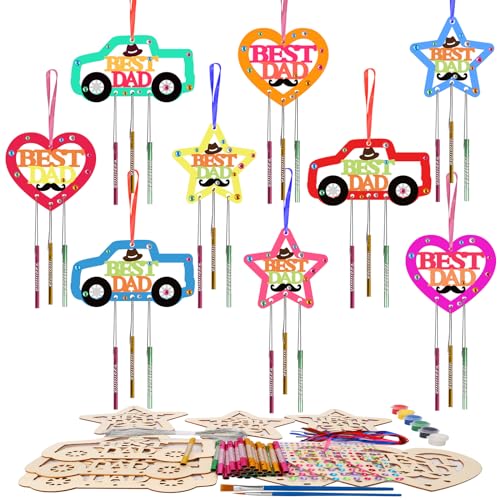 Fennoral 9 Pack DaD Wind Chime Kit for Kids Make You Own Fathers Day Craft DIY Coloring Wooden Fathers Day Art and Craft for Art Activity Dad Birthday Decoration Dad Gifts from Daughter Son - Image 1