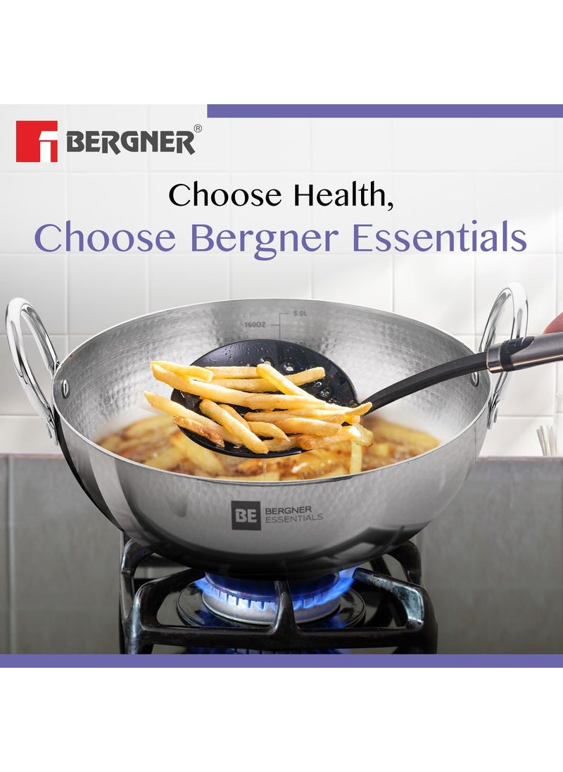 BERGNER - Bergner Stainless Steel Be Essentials 24 Cm Hammered Kadai,2.9 Liters Kadhai Without Lid,Thickness 2.2 Mm,Food Safe,Sturdy and Durable,Easy to Clean,Gas Stove Ready,Dishwasher Safe,5-Year Warranty - Image 1
