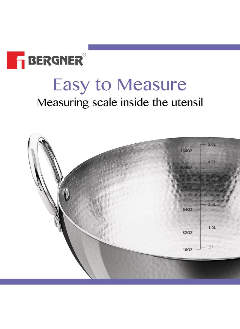 BERGNER - Bergner Stainless Steel Be Essentials 24 Cm Hammered Kadai,2.9 Liters Kadhai Without Lid,Thickness 2.2 Mm,Food Safe,Sturdy and Durable,Easy to Clean,Gas Stove Ready,Dishwasher Safe,5-Year Warranty - Image 1
