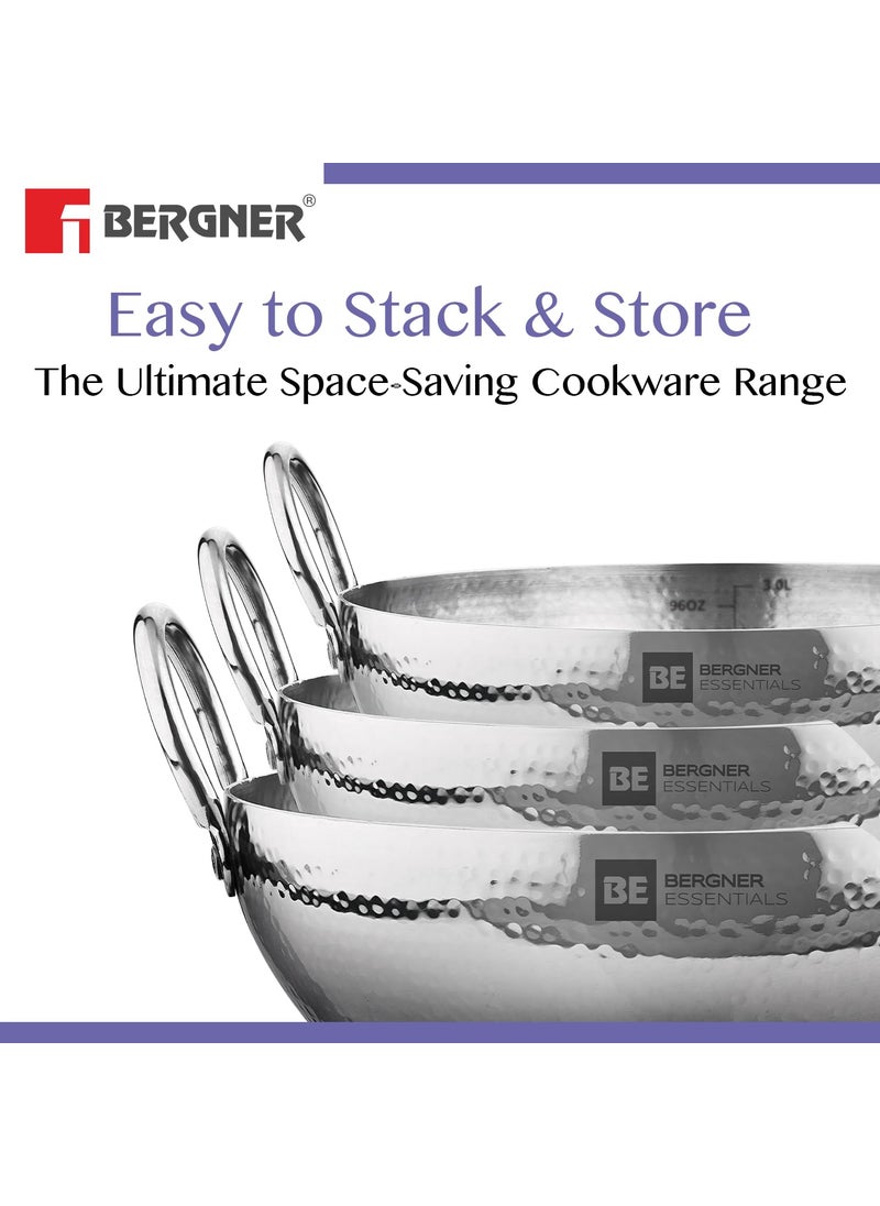 BERGNER - Bergner Stainless Steel Be Essentials 24 Cm Hammered Kadai,2.9 Liters Kadhai Without Lid,Thickness 2.2 Mm,Food Safe,Sturdy and Durable,Easy to Clean,Gas Stove Ready,Dishwasher Safe,5-Year Warranty - Image 1