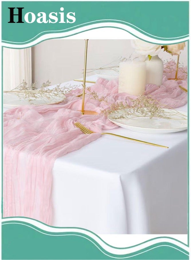 Hoasis 90*400CM Table Runners, Boho Gauze Table Runner, Translucent Table Runner Chessian Tablecloth for Wedding Reception Bridal Shower Party Decoration Table Centerpiece (Pink) - Image 1