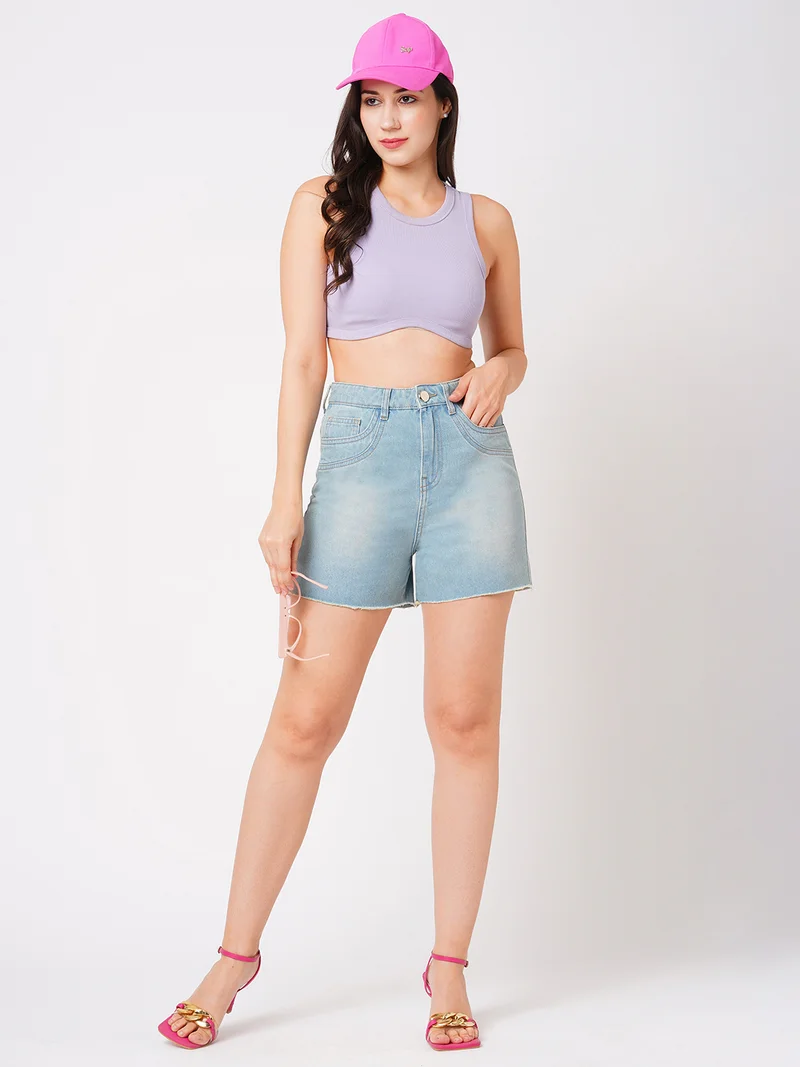 globus Women Washed Slim Fit Mid-Rise Pure Cotton Denim Shorts