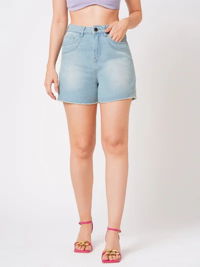 globus Women Washed Slim Fit Mid-Rise Pure Cotton Denim Shorts