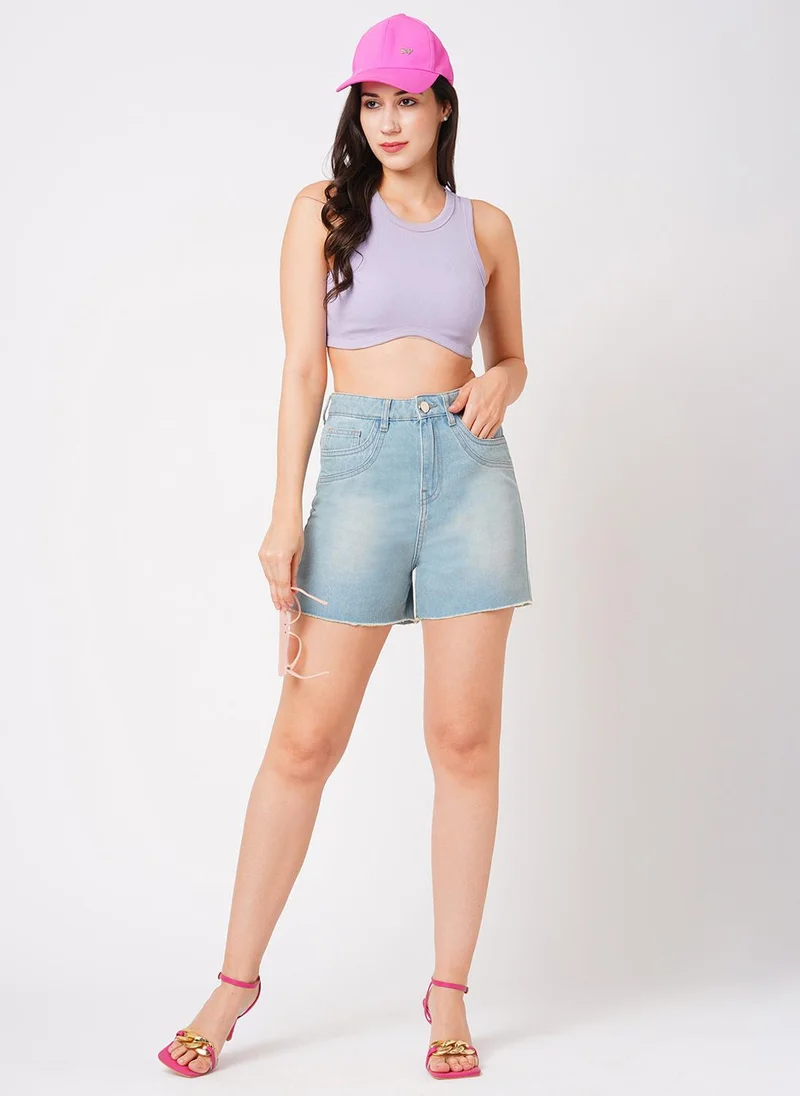 Globus Women Washed Slim Fit Mid-Rise Pure Cotton Denim Shorts