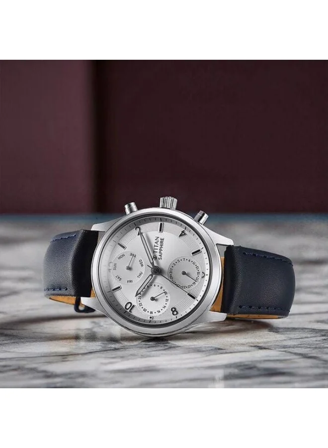 تيتان Sapphire Quartz Multifunction Silver Dial Blue Leather Strap Watch for Men - 1874SL04