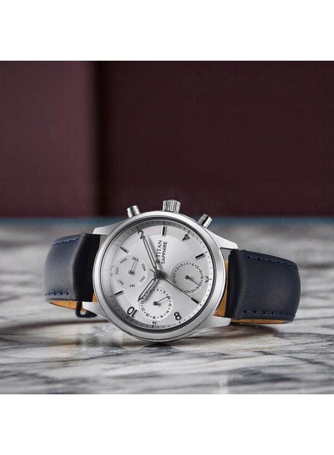 TITAN Sapphire Quartz Multifunction Silver Dial Blue Leather Strap Watch for Men - 1874SL04 - Image 1