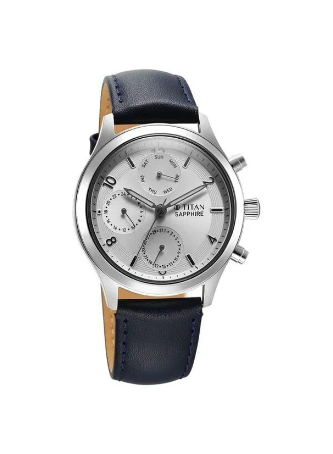 تيتان Sapphire Quartz Multifunction Silver Dial Blue Leather Strap Watch for Men - 1874SL04