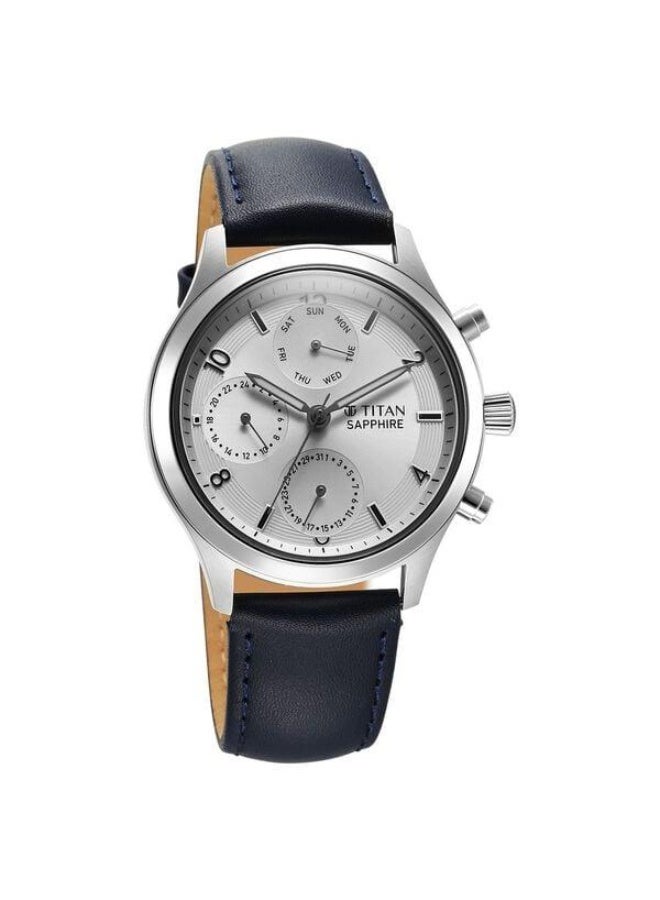 TITAN Sapphire Quartz Multifunction Silver Dial Blue Leather Strap Watch for Men - 1874SL04 - Image 2