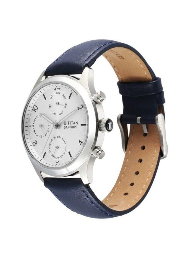 TITAN Sapphire Quartz Multifunction Silver Dial Blue Leather Strap Watch for Men - 1874SL04 - Image 3