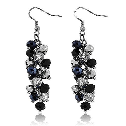 Gem Stone King 2 Inch Black and Silver Cluster Faceted Crystal Dangle Hook Earrings For Women - Image 2