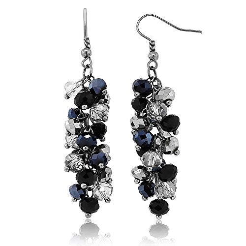 Gem Stone King 2 Inch Black and Silver Cluster Faceted Crystal Dangle Hook Earrings For Women - Image 1