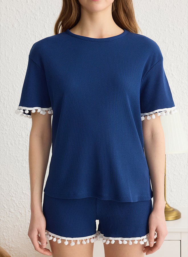trendyol Navy Blue Pompom Detail Ribbed Knitted Pajama Set THMSS25PT00073 - Image 3