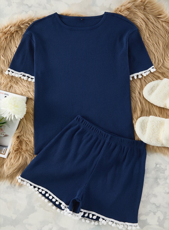 trendyol Navy Blue Pompom Detail Ribbed Knitted Pajama Set THMSS25PT00073 - Image 5