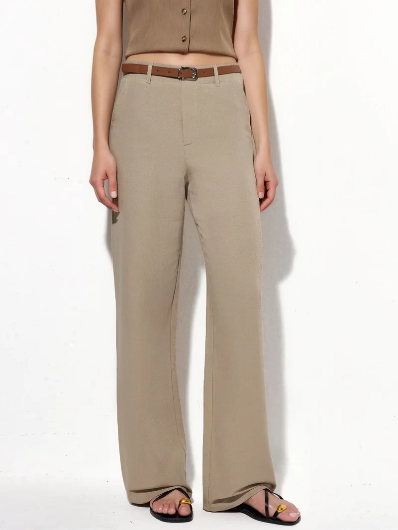 Belted Linen-Look Straight Leg Trousers